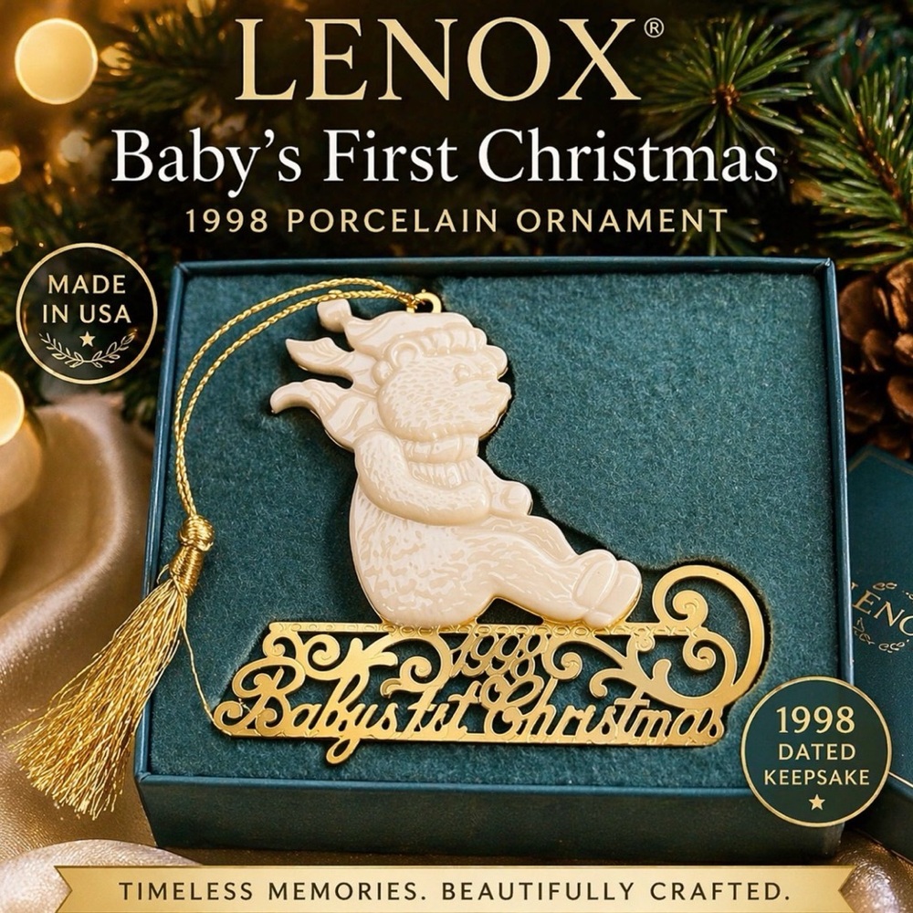 Vintage 1998 Lenox Baby’s First Christmas Ornament Porcelain Gold Bear Sled